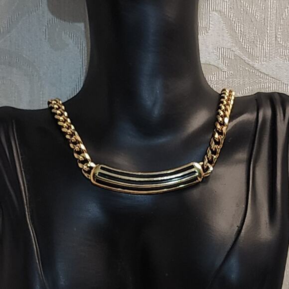 Vintage 80s Gold Plated Black Bar Pendant Statement Necklace with Bold Design - Picture 9 of 12